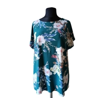 Szmaragdowa tunika z krótkim rękawem kimono - białe kwiaty